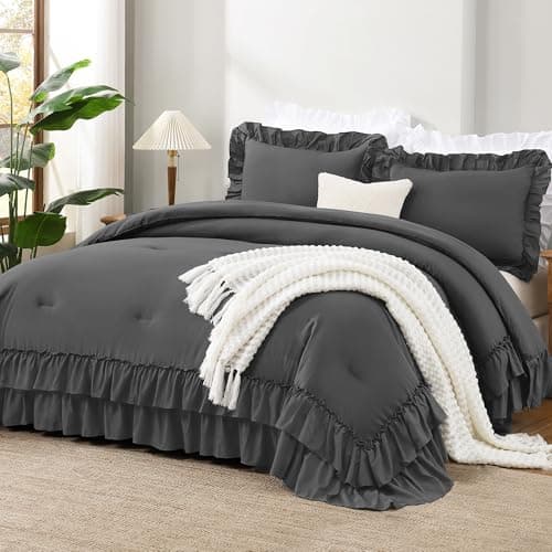 White Shabby Chic Queen Comforter Set with Microfiber Ruffles & Pillowcases