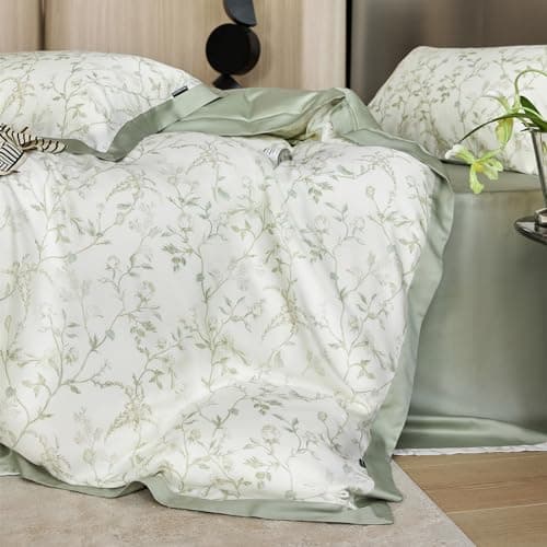 VM VOGUEMARKET Gold Green Flower Percale cotton Duvet Cover with Zipper Closure