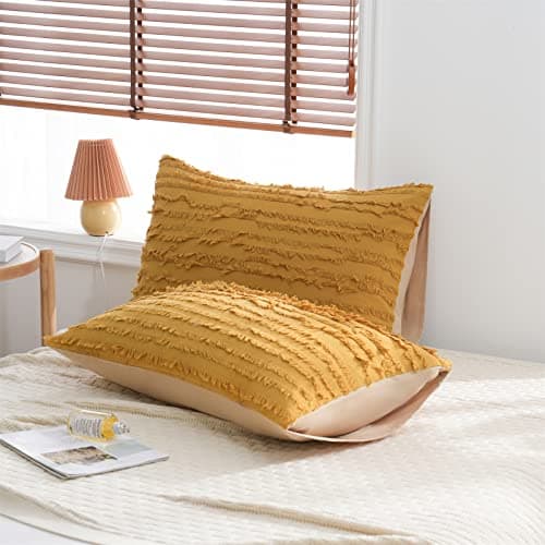 Cotton Tufted Pillowcases Set of 2 Linen Striped Jacquard Beige Standard Cover Pack