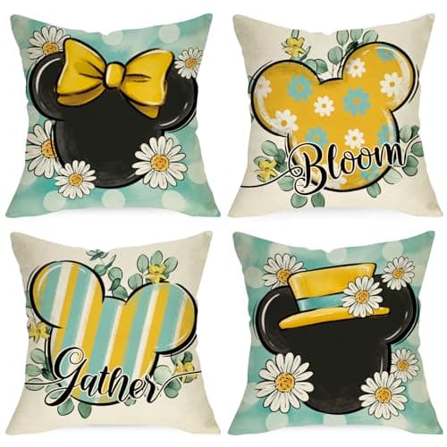 Spring Daisy Flower Throw Pillow Covers, Teal Yellow Stripes & Polka Dot