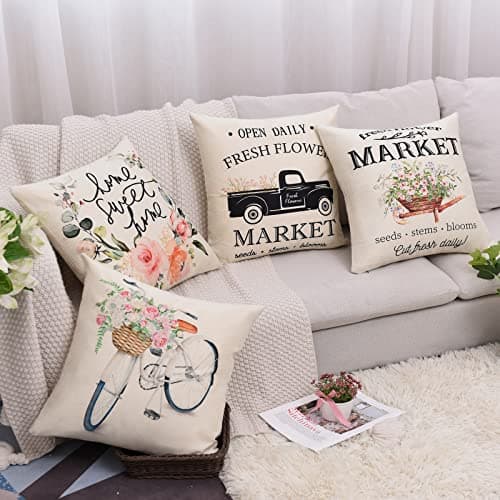 Tosewever Spring Floral Throw Pillow Covers - 18x18 Inches, Set of 4 for Couch & Home