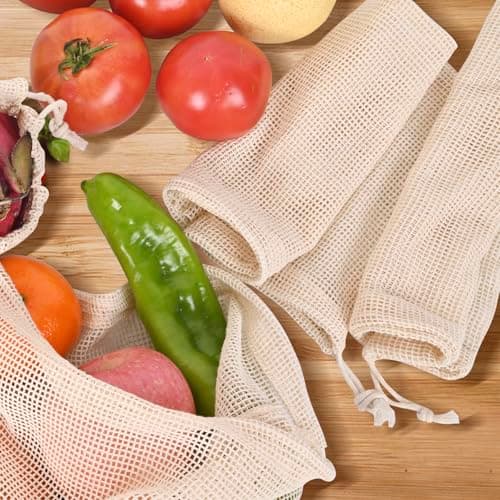 Reusable 12-Pack Cotton Mesh Produce Bags - Vegetable Storage, Farmers Market, Beach Bags, 4X Small, Medium, Large