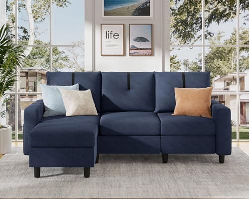 Modern 3-Seat L Shaped Sectional Sofa with Reversible Ottoman, Light Grey Linen Fabric