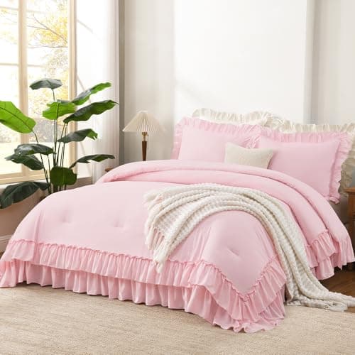 White Shabby Chic Queen Comforter Set with Microfiber Ruffles & Pillowcases
