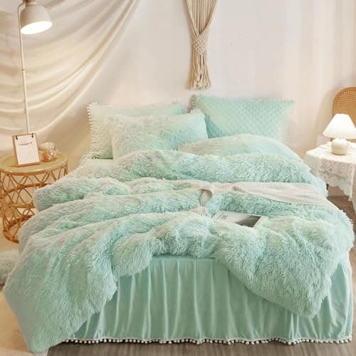 Fluffy White Duvet Cover Set for Twin Bed, 2 Pieces (1 Faux Fur Duvet Cover + 1 Plush Pillow Cases)