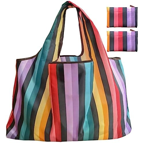 Foldable Reusable Grocery Bags with Long Handles and Fold-Up Pouch