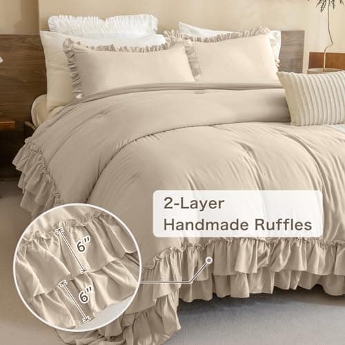Masaca Ruffled Comforter Set Queen, Farmhouse Boho Chic Linen Feel Bedding