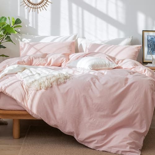 MooMee Bedding Duvet Cover Set in Brown, Queen Size 100% Washed Cotton Linen Like Textured Breathable and Durable Soft Comfy
