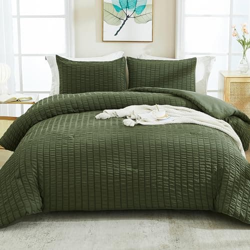 Beige Seersucker Queen Comforter Set - 3 Pieces, 100% Washed Microfiber, Lightweight Comforter with 2 Pillowcases