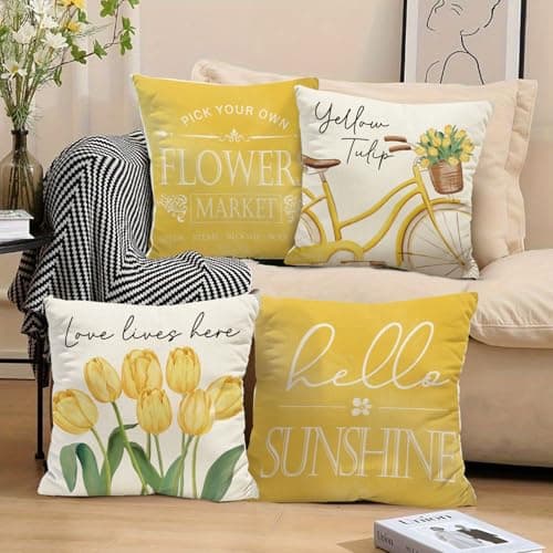 Spring Flowers Tulip Pillow Covers, 18x18 Inch, Set of 4 for Sofa Cushions
