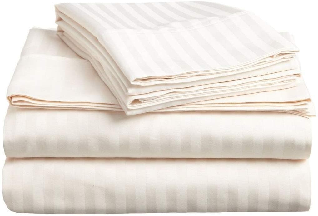 100% Pure Egyptian Cotton 4-Piece Queen Bed Sheets, Sateen Weave, Stripe, Ivory