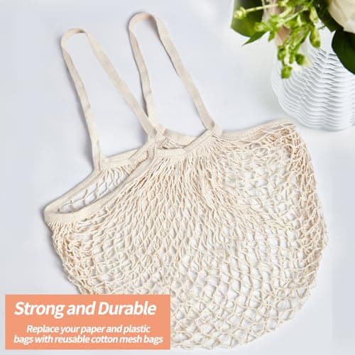 2 Pack Eco-Friendly Cotton Mesh Shopping Bags, Reusable Beige Handle Tote