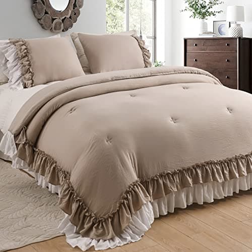 Masaca Ruffled Comforter Set Queen, Farmhouse Boho Chic Linen Feel Bedding