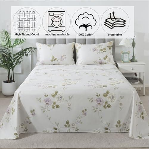Queen Percale Cotton Sheets Set, Luxury Vintage Roses Floral, Deep Pocket Fitted, Super Soft & Breathable, 4pcs