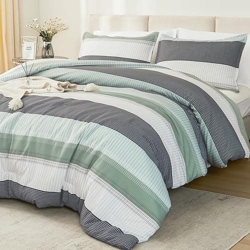Litanika Queen Comforter Set - Sage Green, Light Green Stripe, All Season Bedding
