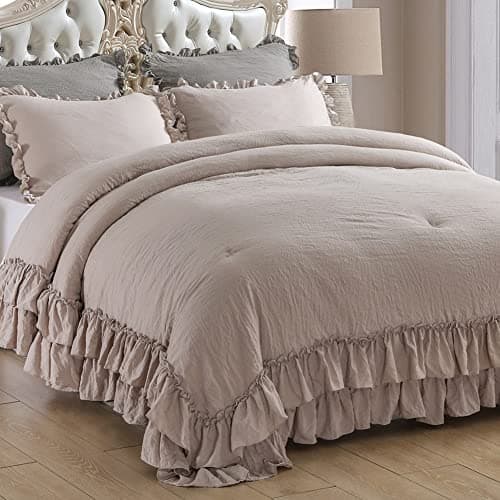 Masaca Ruffled Comforter Set Queen, Farmhouse Boho Chic Linen Feel Bedding