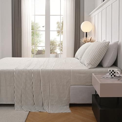 JELLYMONI Queen Size Striped Bed Sheets Set - 4 Pieces, 100% Cotton, Deep Pockets, Ultra-Soft