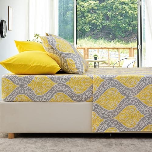 King Size Bed Sheets Set - Deep Pockets, Floral Ultra Soft Microfiber, 90 Thread Count (Grey/Yellow Medallion)