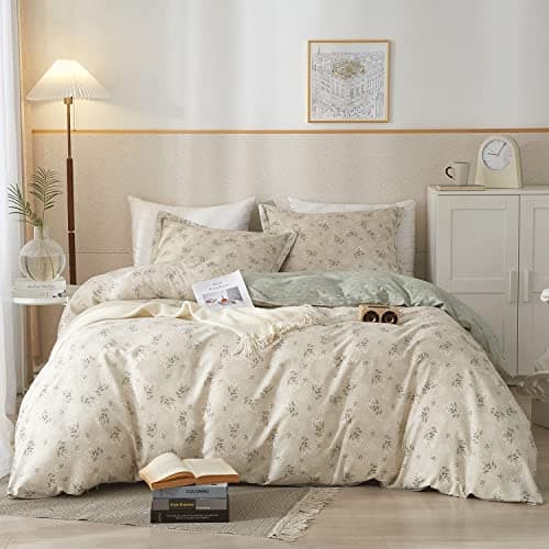 VM VOGUEMARKET Gold Green Flower Percale cotton Duvet Cover with Zipper Closure