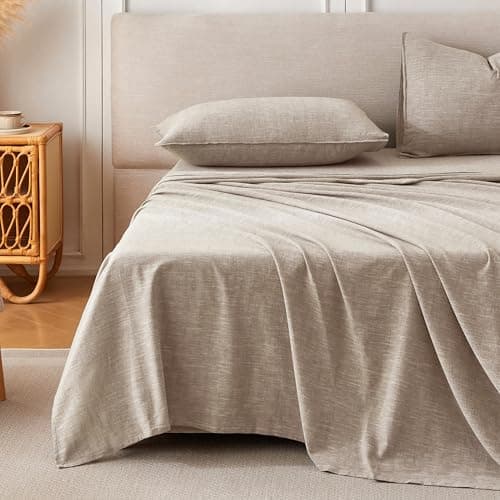 King Size Stonewashed Linen Cotton Sheets, Beige - Breathable & Soft, Slub Texture, All-Season Comfort, 4-Piece Set