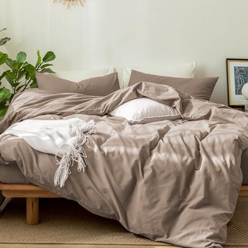 MooMee Bedding Duvet Cover Set in Brown, Queen Size 100% Washed Cotton Linen Like Textured Breathable and Durable Soft Comfy