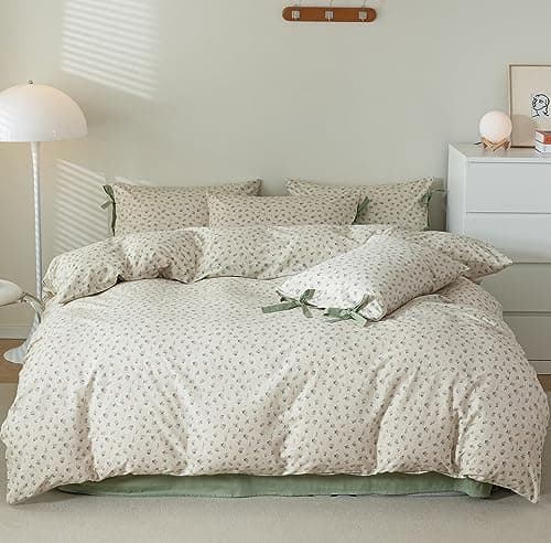 VM VOGUEMARKET Gold Green Flower Percale cotton Duvet Cover with Zipper Closure
