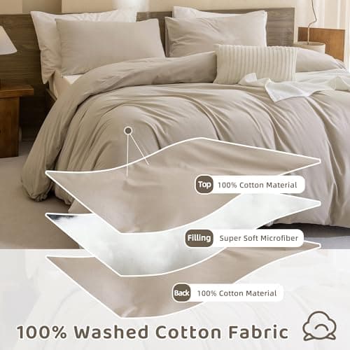 Cotton Comforter Set Queen, Linen Like Textured Bedding for Queen Size Bed 3 Pieces