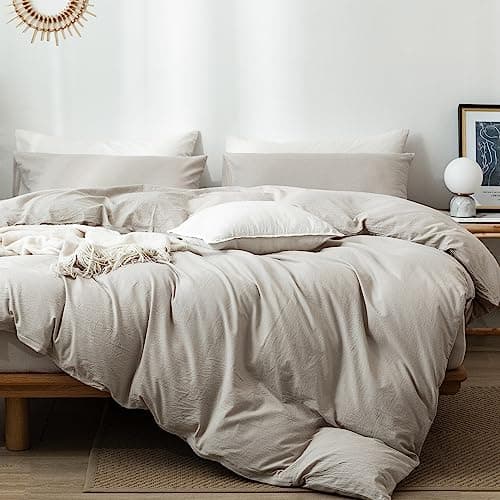 MooMee Bedding Duvet Cover Set in Brown, Queen Size 100% Washed Cotton Linen Like Textured Breathable and Durable Soft Comfy