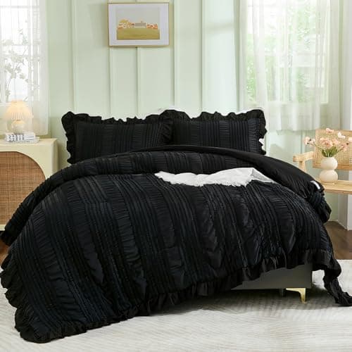 WONGS BEDDING Queen Shabby Chic Comforter Set 3 Pieces Ruffle SeersuckerTextures