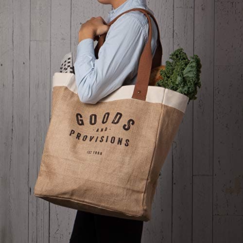 Burlap Market Tote: Goods and Provisions - 17 tall x 13.5 wide x 8.8 deep