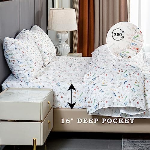 Ultra Soft Breathable Silky Flower Bed Sheets - 4 Piece Full Size White Floral