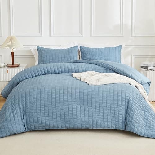 Beige Seersucker Queen Comforter Set - 3 Pieces, 100% Washed Microfiber, Lightweight Comforter with 2 Pillowcases