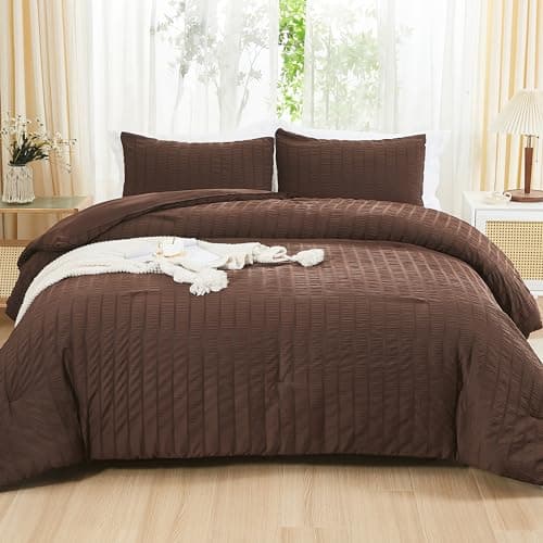 Beige Seersucker Queen Comforter Set - 3 Pieces, 100% Washed Microfiber, Lightweight Comforter with 2 Pillowcases