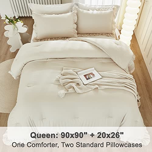 Litanika Queen Beige Ruffle Comforter Set, 3 Pieces, Fluffy Bedding