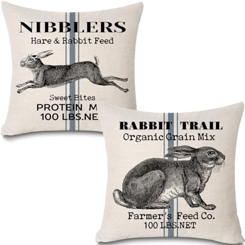 Retro Hare Pattern Pillow Covers Set of 2 - Farmer's Market Bunny Rabbit Farm Home Décor