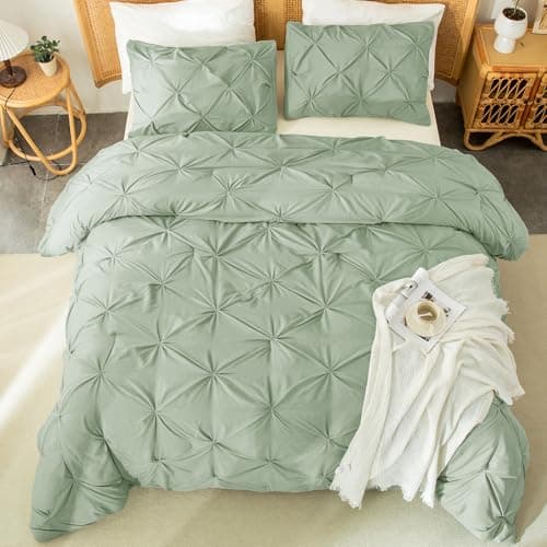 Andency White Queen Size Comforter Set, 3-Piece Cute Pinch Pleat bedding