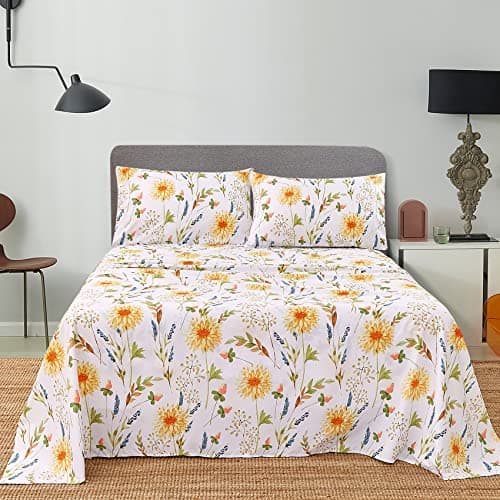 JSD Yellow Floral Printed Full Size 4 Piece Microfiber Sheet Set Extra Deep Pocket