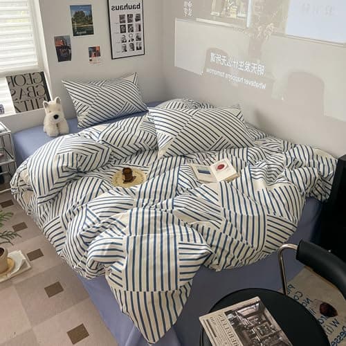 VM VOUGEMARKET Queen Blue Striped Duvet Cover & Pillowcases Set