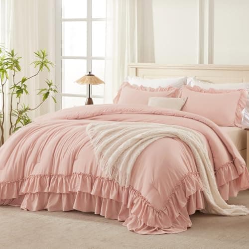 White Shabby Chic Queen Comforter Set with Microfiber Ruffles & Pillowcases