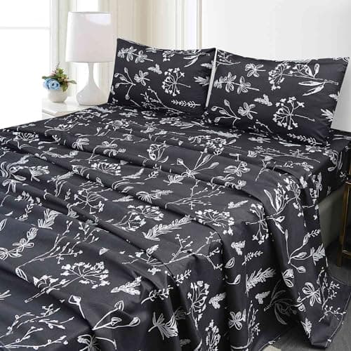 Nanko Floral Bed Sheet Set King Size 4 Pieces, Soft Microfiber Bedding Sets - Flat Sheet, Deep Pocket Fitted Sheet with 2 Pillowshames