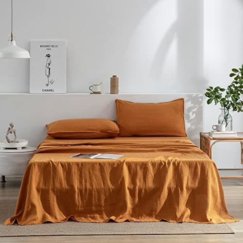 100% French Stonewash Pure Linen Sheets Set, 4Pieces, Suitable for Hot Sleepers, Saga Green, King Size