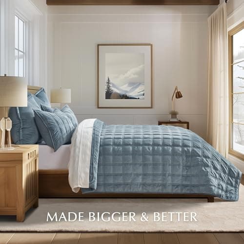 EVERGRACE King Size Ultra Soft Velvet Quilt with 2 Shams, Blue Linen, 108"x96"