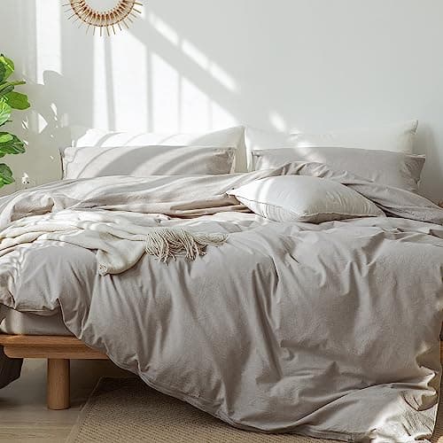MooMee Bedding Duvet Cover Set in Brown, Queen Size 100% Washed Cotton Linen Like Textured Breathable and Durable Soft Comfy