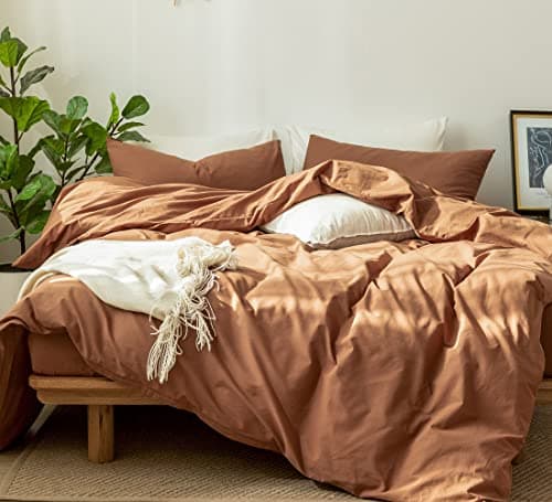 MooMee Bedding Duvet Cover Set in Brown, Queen Size 100% Washed Cotton Linen Like Textured Breathable and Durable Soft Comfy