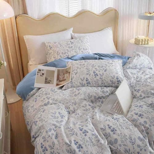 Queen Size White Yellow Floral Comforter Set - Green Leaf Print Reversible Down Alternative Bedding - 90x90 Vintage Farm