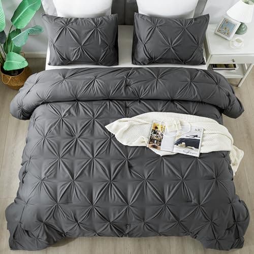 Andency White Queen Size Comforter Set, 3-Piece Cute Pinch Pleat bedding