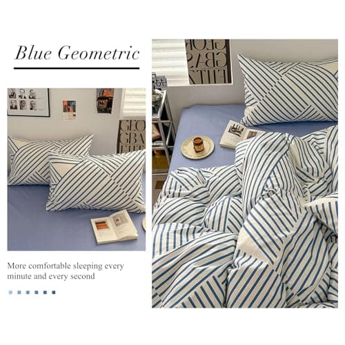 VM VOUGEMARKET Queen Blue Striped Duvet Cover & Pillowcases Set