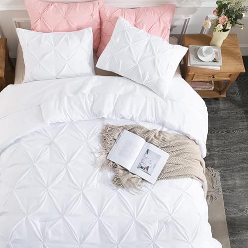 Andency White Queen Size Comforter Set, 3-Piece Cute Pinch Pleat bedding