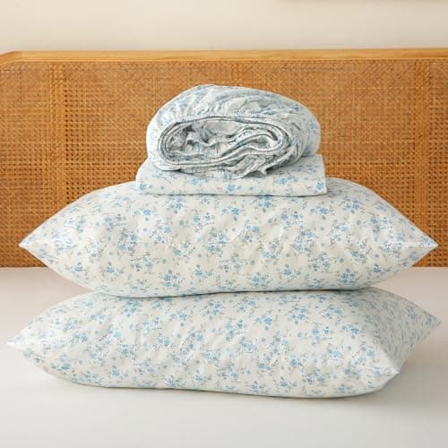 HYPREST Blue Floral King Bed Sheet Sets, Soft Breathable 4pcs Deep Pocket