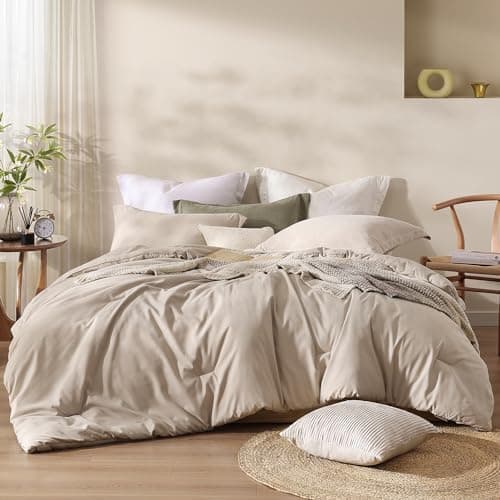 Boho Queen Comforter Set Beige, 3-Piece Modern Farmhouse Bedding Light & Fluffy
